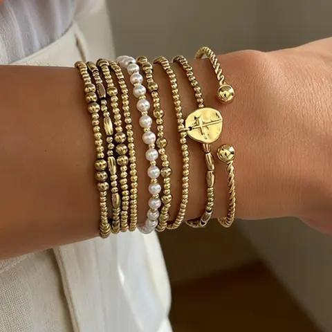 9 Pieces Faux Pearl & CCB Beaded Bracelet Set, Multi-Layer Stackable Bracelets, Women's Accessory for Daily Wear, Vacations and Parties