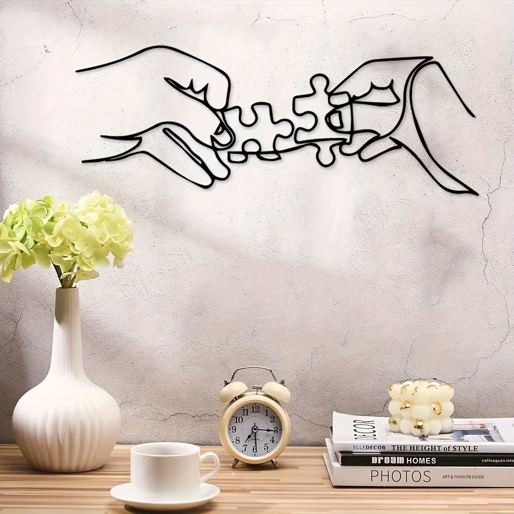 1pc Modern Minimalist Metal Puzzle Wall Decor Hanging Wall Art - Interlocking Pieces in Hands Design, Black & White Color Scheme - Living Room, Office, Home Decoration - Thanksgiving & Christmas Decoration - Easy to Hang with Pre-Drilled Holes