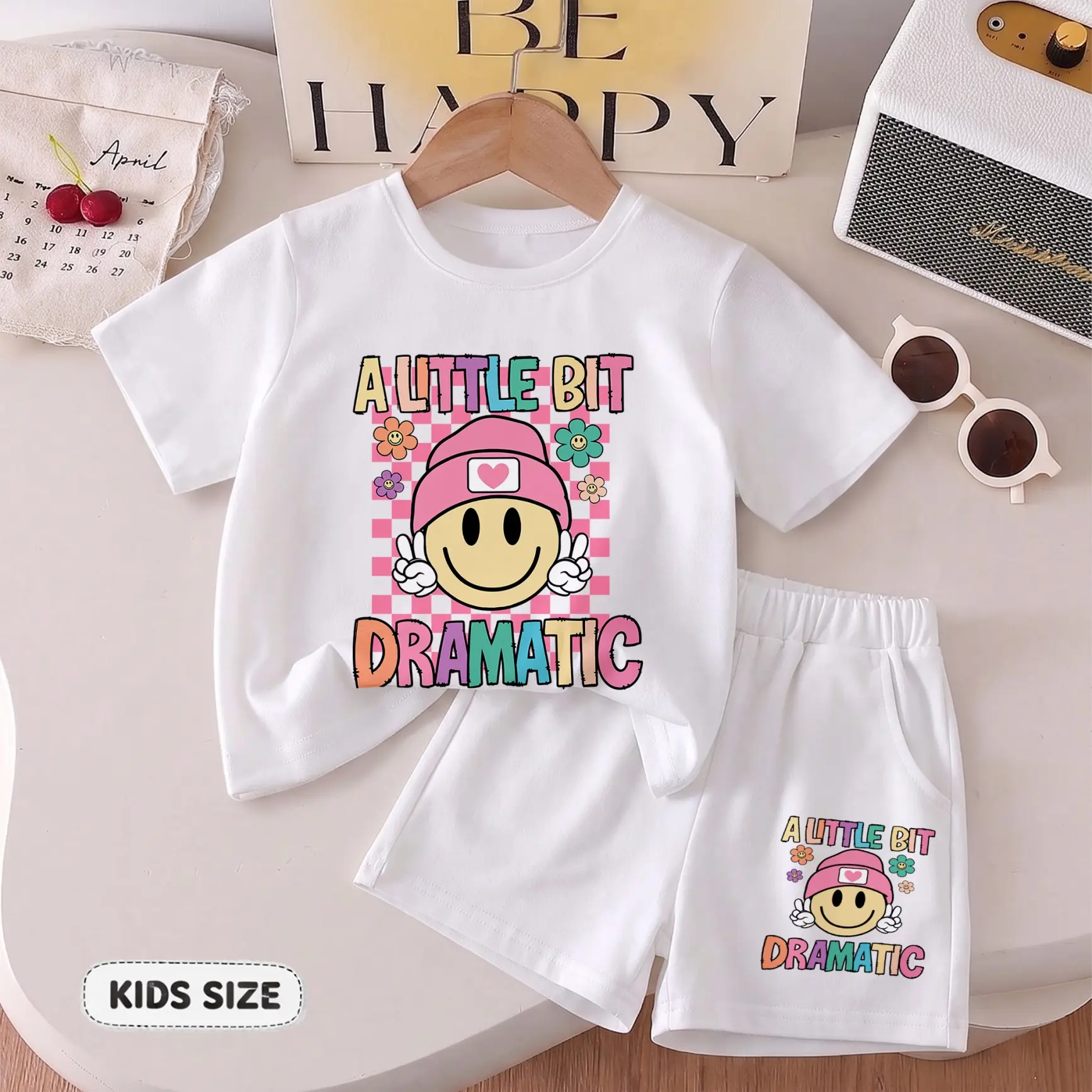 Girls’ Colorful Smiley Face Graphic Tee and Shorts Set, Fun A Little Bit Dramatic Letter Print Summer Outfit, Casual Two-Piece Clothing for Parties, Holidays and Outdoor Activities