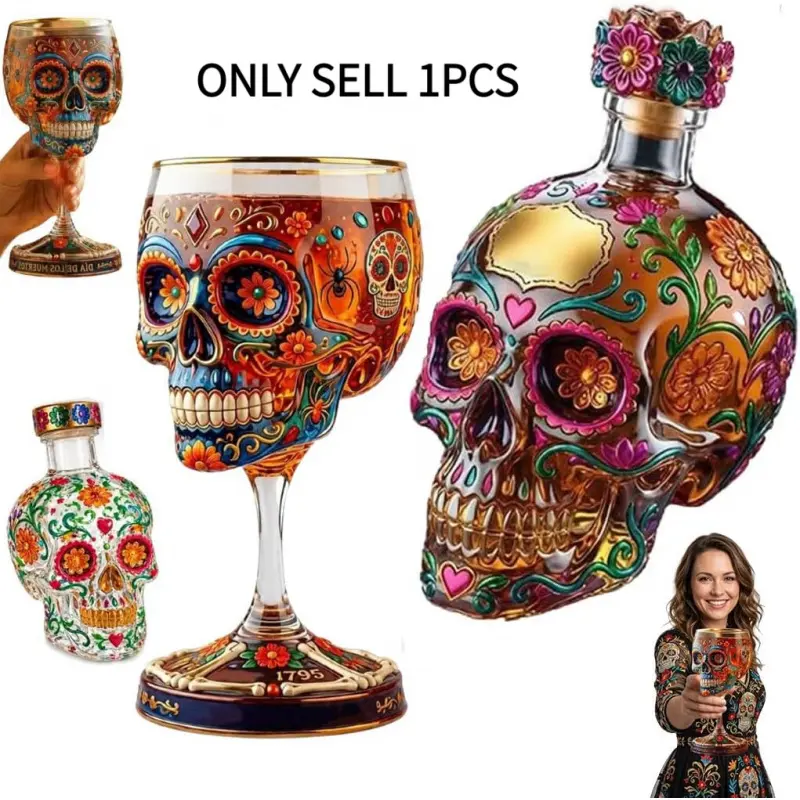 Gothic Skull Decanter Bottle, Painted Glass Skull Decanter with Floral Design, Unique Decorative Decanter for Bar Decor, Halloween Party, Day of The Dead Display