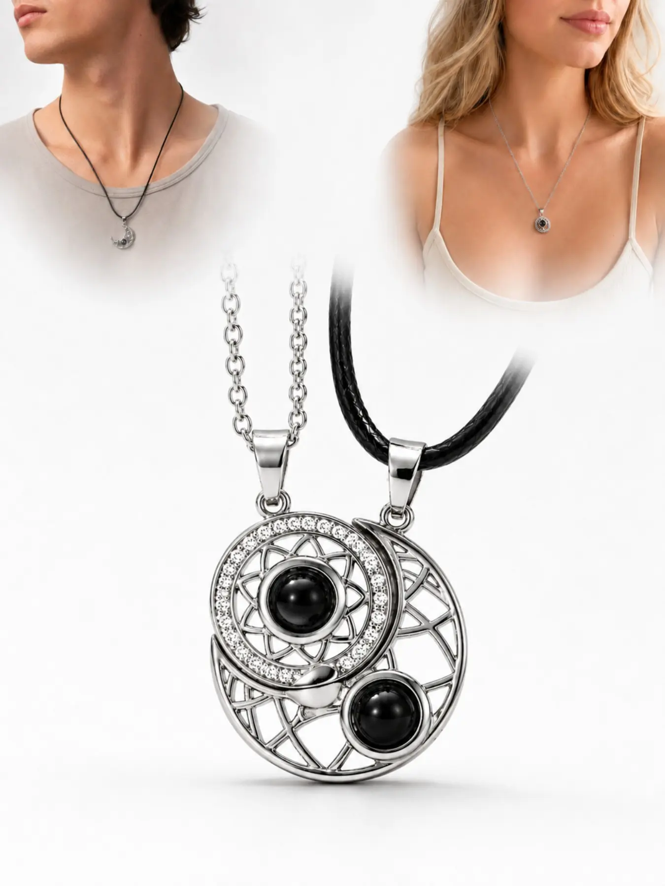 Magnetic Sun and Moon Couple Necklace Set, 2-Piece Matching Silver-Tone Pendant Necklace for Couples, Romantic Gift Jewelry