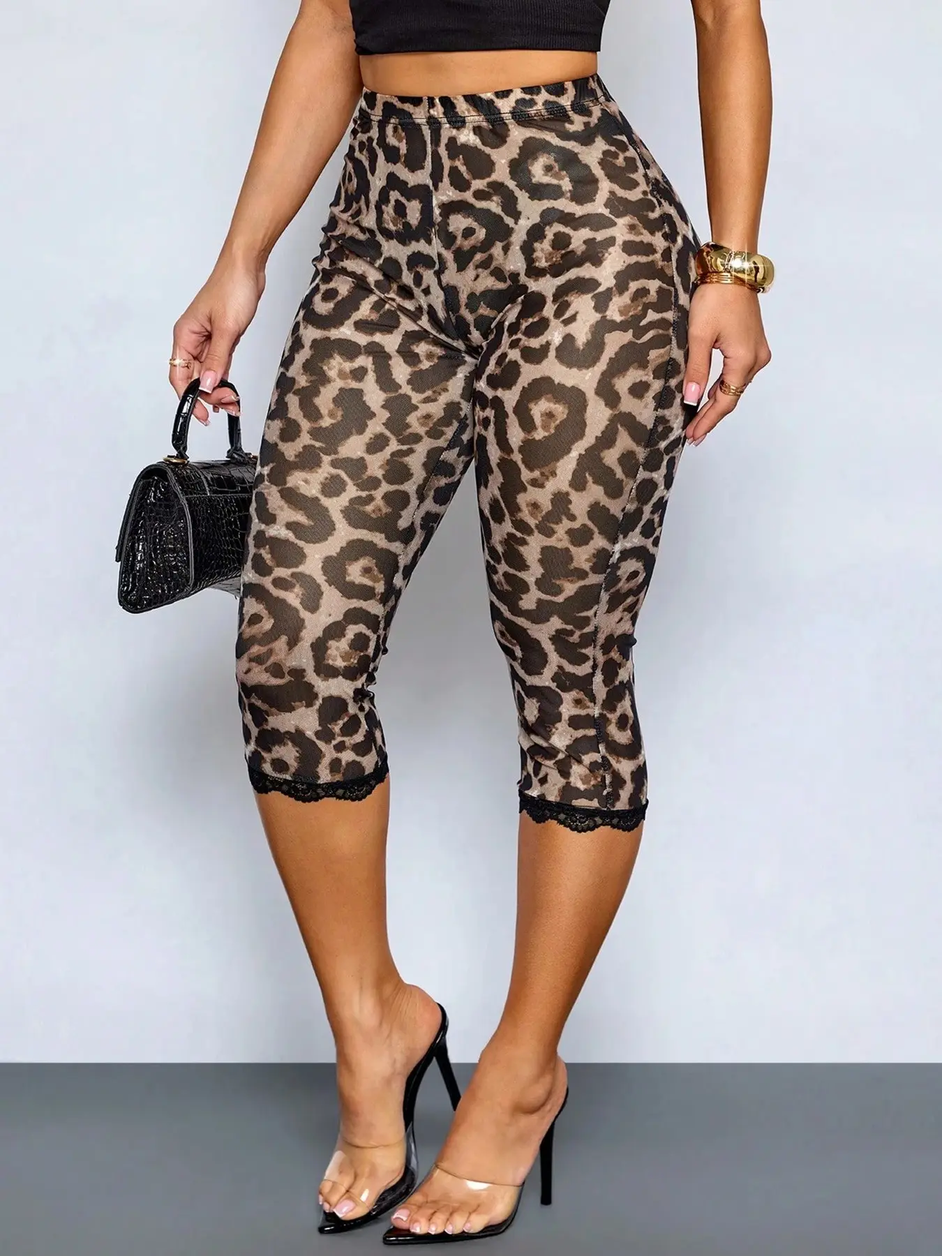 Women's Fashion Sexy Leopard Print Lace Trim Capri Mesh Tight Pants, Streetwear Style Cropped Gingham Pattern, All Seasons Wear