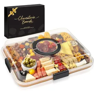 Charcuterie Board with Clear Lid, Travel Portable Cheese Board Charcuterie Boxes Cutting Boards for Kitchen, House Warming Gifts New Home, Gifts for Women (Black, 6 Compartments)