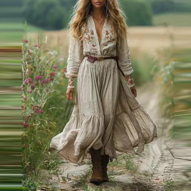 NewVintage Floral Print Deep V Fashion Waist Party Maxi Dress Autumn Women's Ethnic Lady Chic Bohemian Dresses  New Casual Womenswear sundress summer outfits quinceanera dress dresses summer