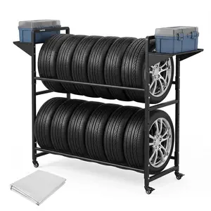 Tire Storage Rack 57" x 18" x 55", Adjustable Rolling Rack with Anti-Dust Cover, 4 Swivel Casters and 2 Storage Shelves for Garage Organization, Black