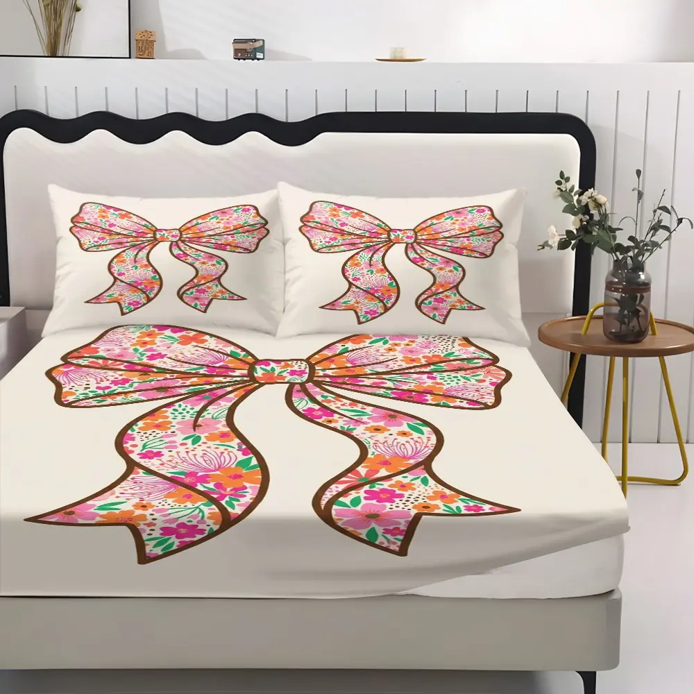 3-Piece Bow Bed Sheet Set, Breathable Polyester, Includes 1 Bed Sheet and 2 Pillowcases, Ideal for Home and Dorm Decor