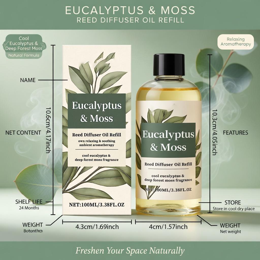 Eucalyptus Moss Aromatherapy Diffuser Oil - Fresh Woody Forest Scent, Long Lasting Elegant Home Fragrance & Air Freshener