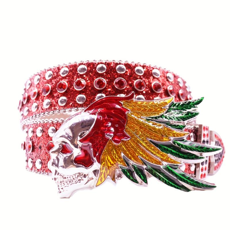 jewelry Rhinestone Black Belt Men Faux Leather Faux Leather PU Black Cross Skull Buckle Revits Belt, Unisex Western Music Festival Embellished Faux Glitter Print Belt With Rhinestone And Rivet, Music Festival Party Wear