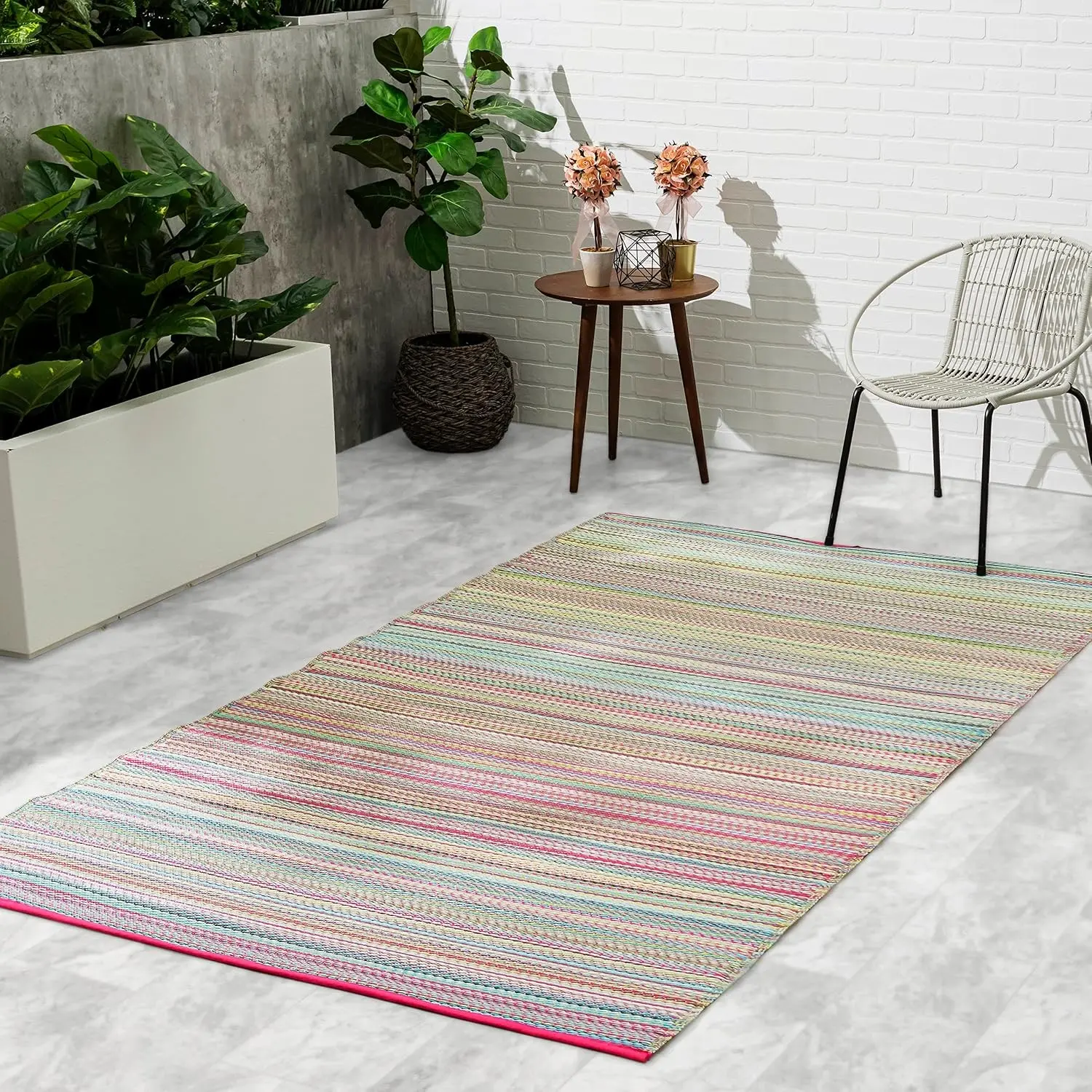 Outdoor Rug - Waterproof, Fade Resistant, Crease-Free - Premium Recycled Plastic Striped Rug for Porch, Deck, Balcony, Mudroom, Laundry Room, Patio - Cancun Candy - 3 x 5 ft