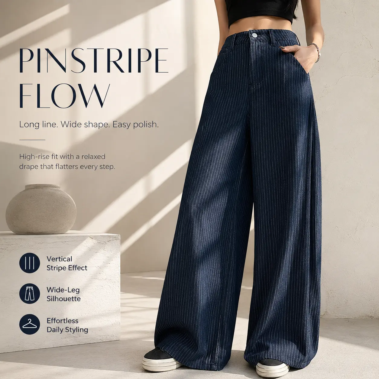 Unisex vertical striped wide-leg suit pants, high-waisted loose straight casual trousers, retro trendy versatile floor-length pants for commuting