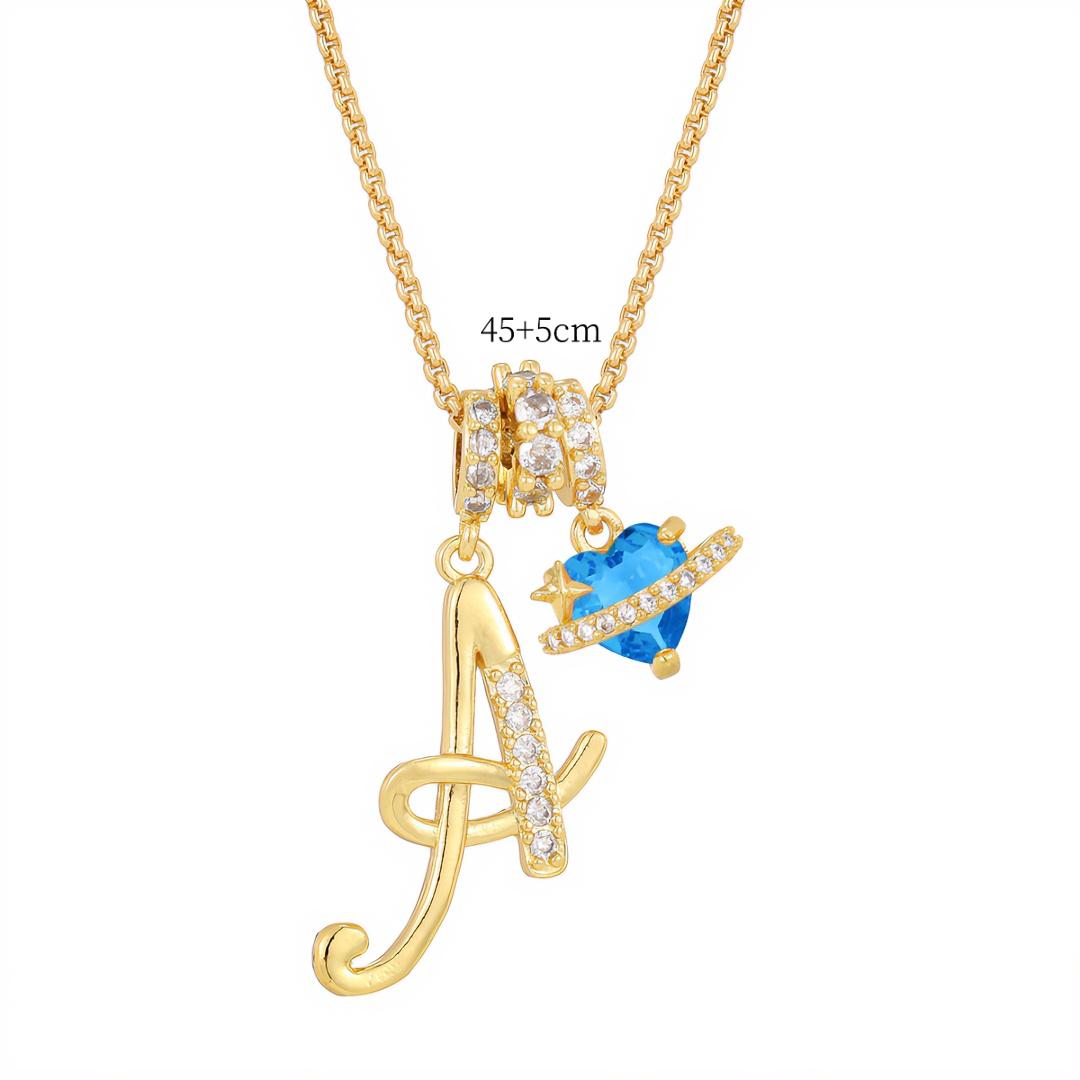FAITHOPIA Initial   for Women, Gold Letter Pendant  with Blue  Zircon Charm, Personalized A-Z Jewelry Gift necklace Heart