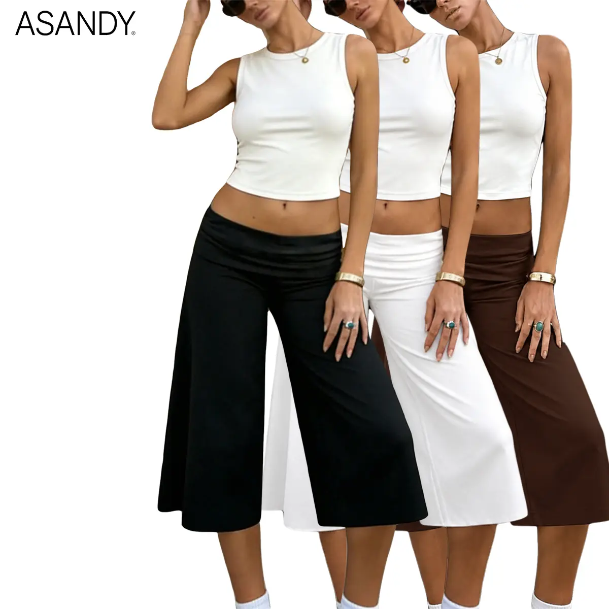 ASANDY Lady's Basic 3-Piece Soft Baggy Wide Leg Capri Bottoms, Comfortable Fold-Over Waist Fabric Pants for Yoga & Everyday Loungewear