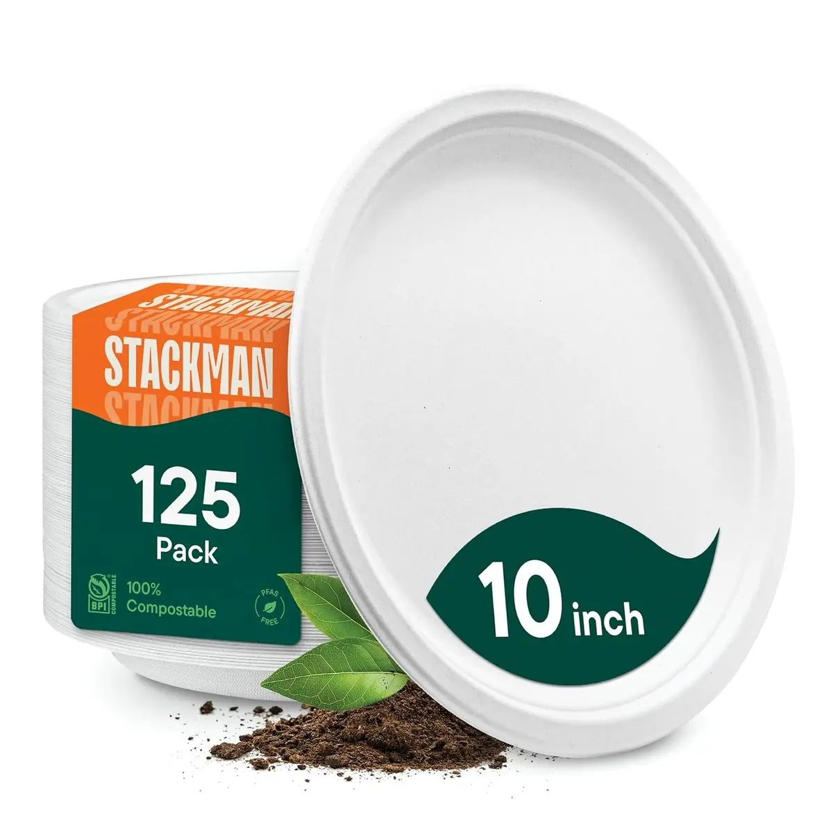 10 Inch Compostable Disposable Paper Plates, 125-Pack, Heavy Duty Eco-Friendly Biodegradable Bagasse Dinner Plates, Natural Brown, PFAS-Free