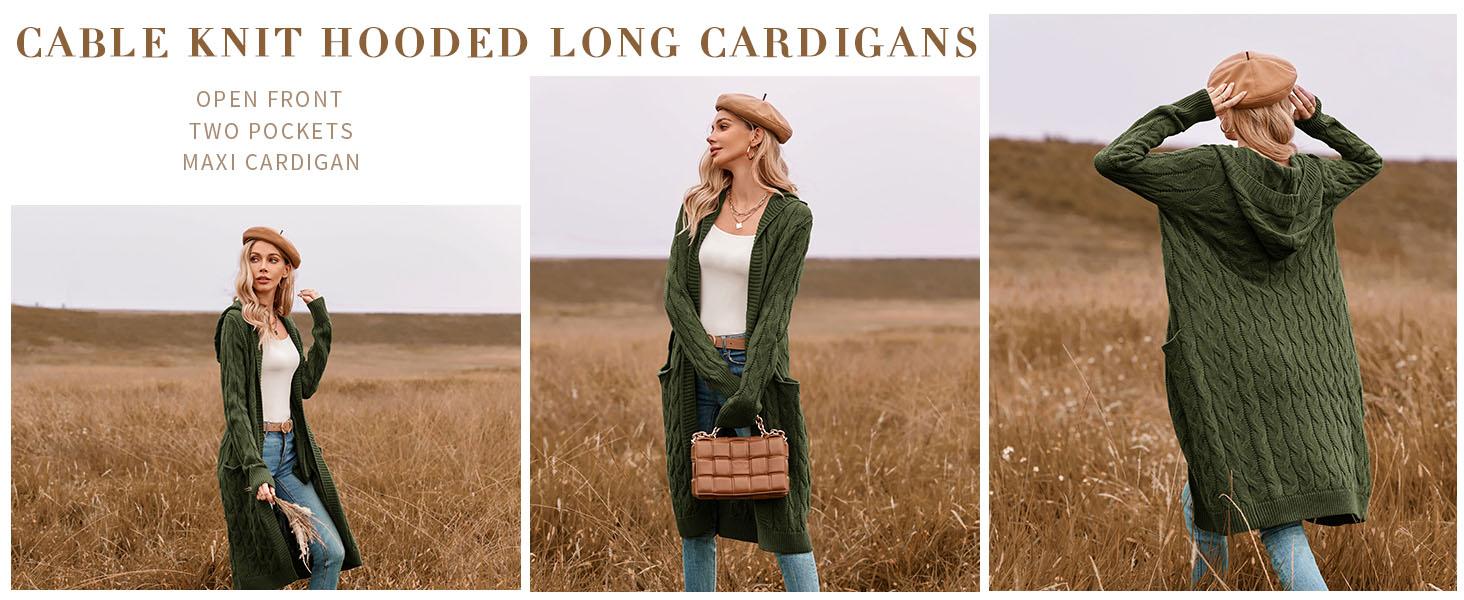 Saodimallsu Women Hooded Open Front Cardigan Cable Knit Sweaters Solid Color Chunky Long Sweater Coats