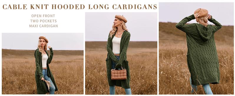 Saodimallsu Women Hooded Open Front Cardigan Cable Knit Sweaters Solid Color Chunky Long Sweater Coats