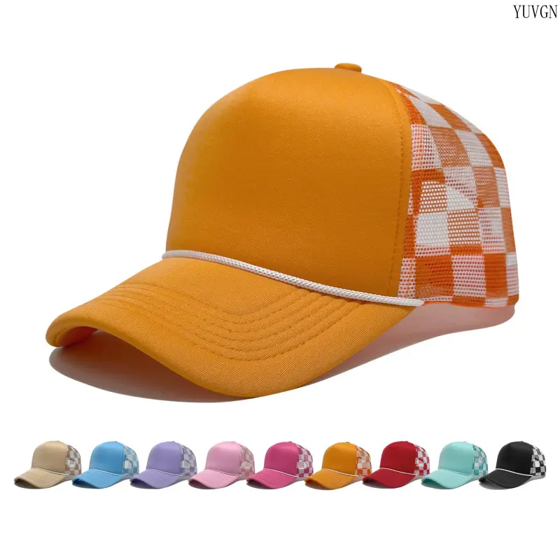 Unisex Checkerboard Trucker Hat - 2-Tone Mesh Back Cap with Rope Decor, Lightweight Cap, Adjustable Size for Outdoor, Beach Activities
