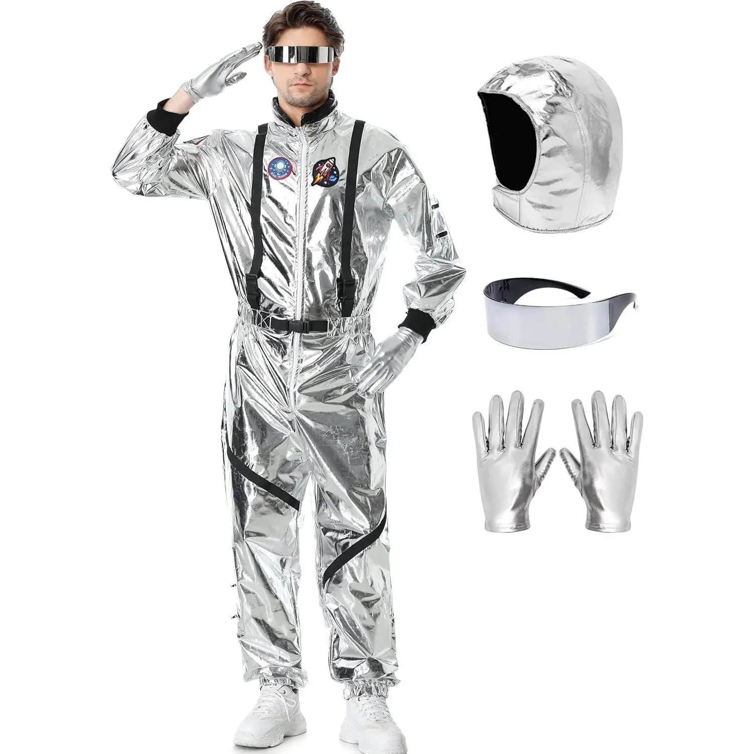 Adult Silver Astronaut Spaceman Costume Suit for Men Women Halloween Role Play Cosplay(Gift)