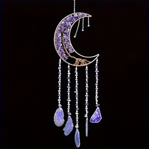 A modern metal agate moon dream net, purple gemstone crystal tree of life, feather free, suitable for home and garden decoration, Christmas style, no need for power, suitable as a gift for others