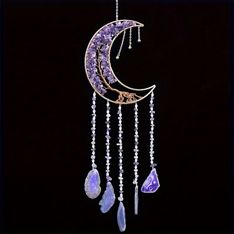 A modern metal agate moon dream net, purple gemstone crystal tree of life, feather free, suitable for home and garden decoration, Christmas style, no need for power, suitable as a gift for others, Crystal Ornaments, Gem Decorations