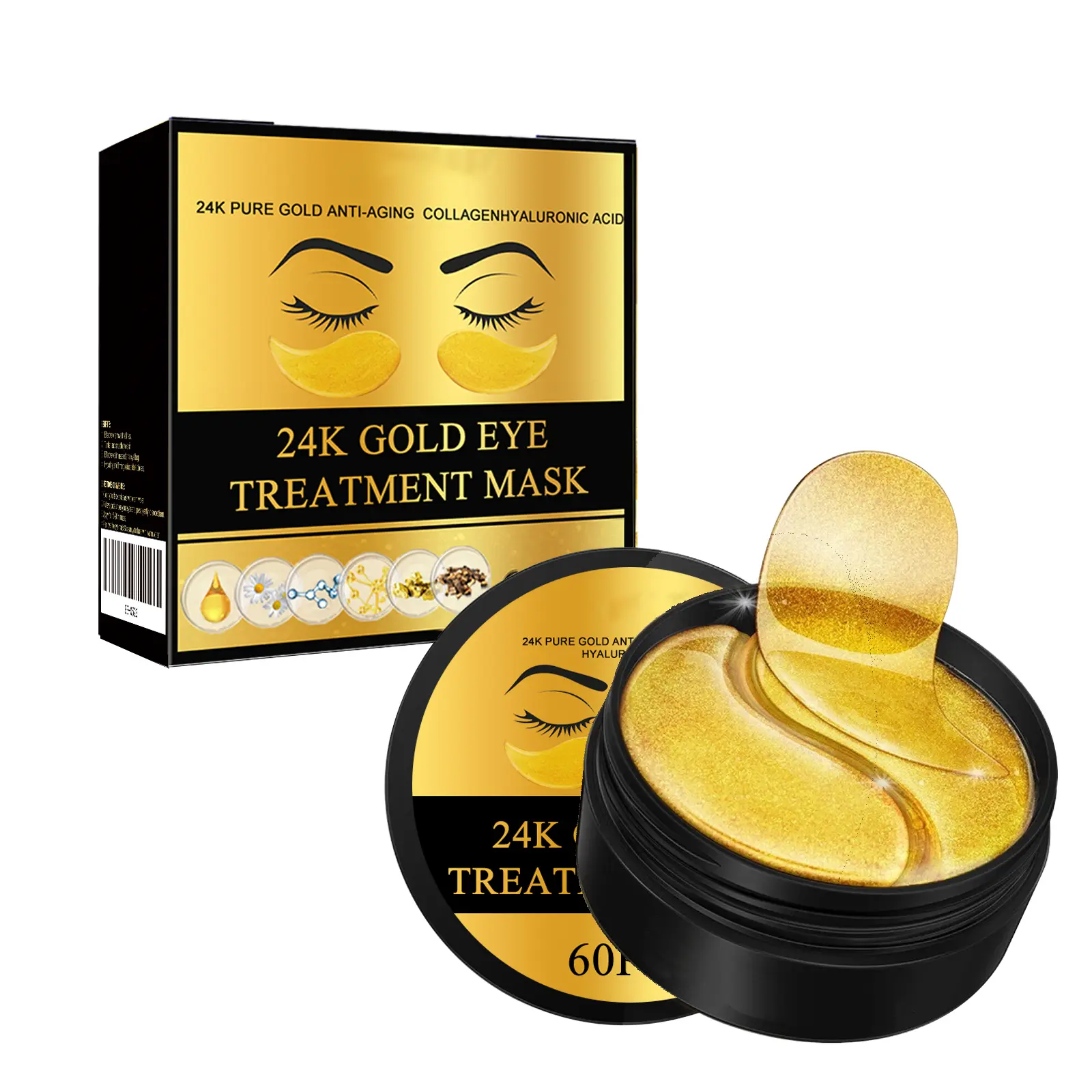24K Gold Hyaluronic Acid Collagen Eye Mask, 60Pcs Hydrating Moisturizing Under Eye Patches, Lifting Tightening Brightening Eye Treatment for Dark Circles, Fine Lines & Puffy Eyes