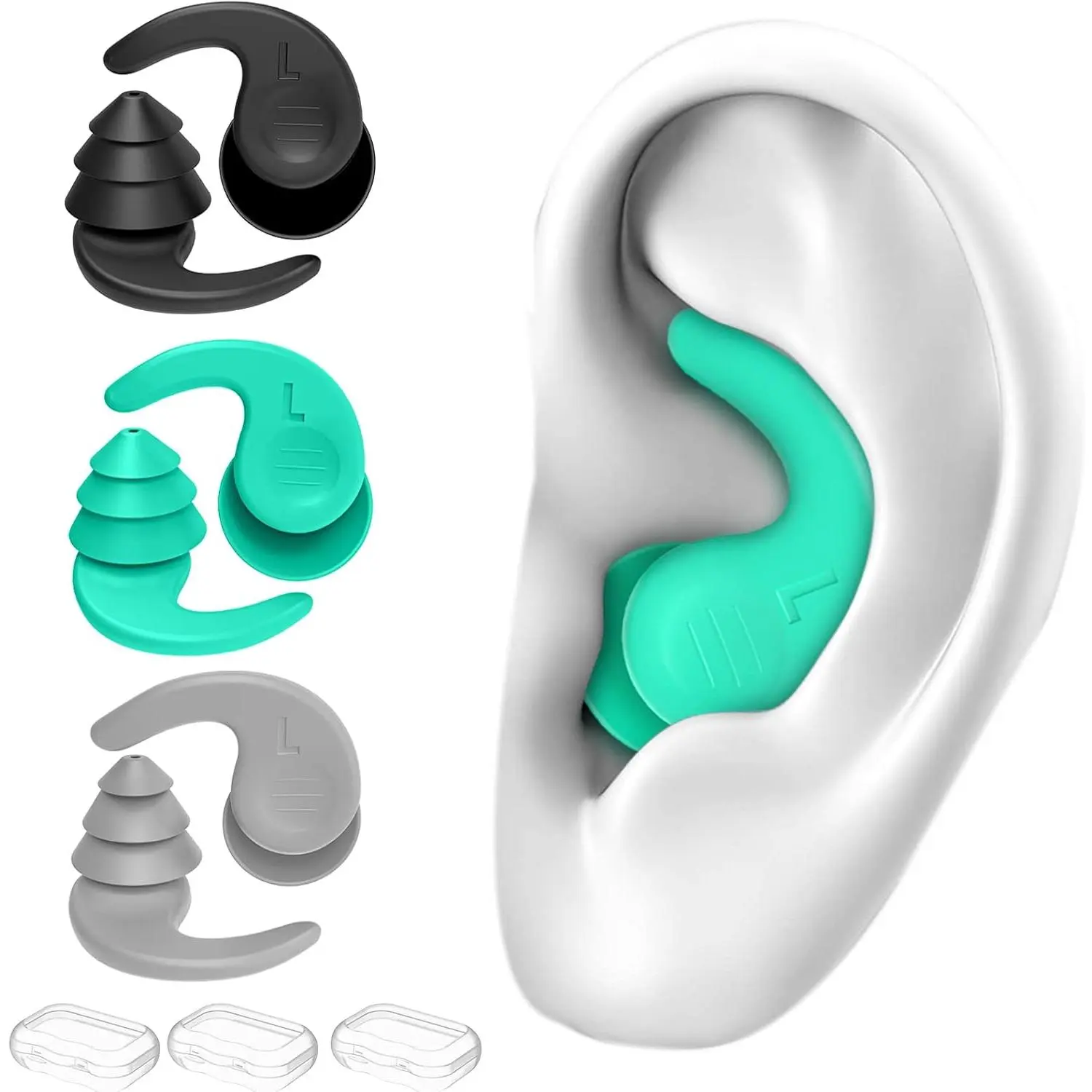 100% Silicone Swimming Ear Plugs for Adults & Youth (14+), 3 Pairs (Pack of 1) - Waterproof, Reusable, Multicolored, Lightweight, Antislip Shape for Swimming, Surfing