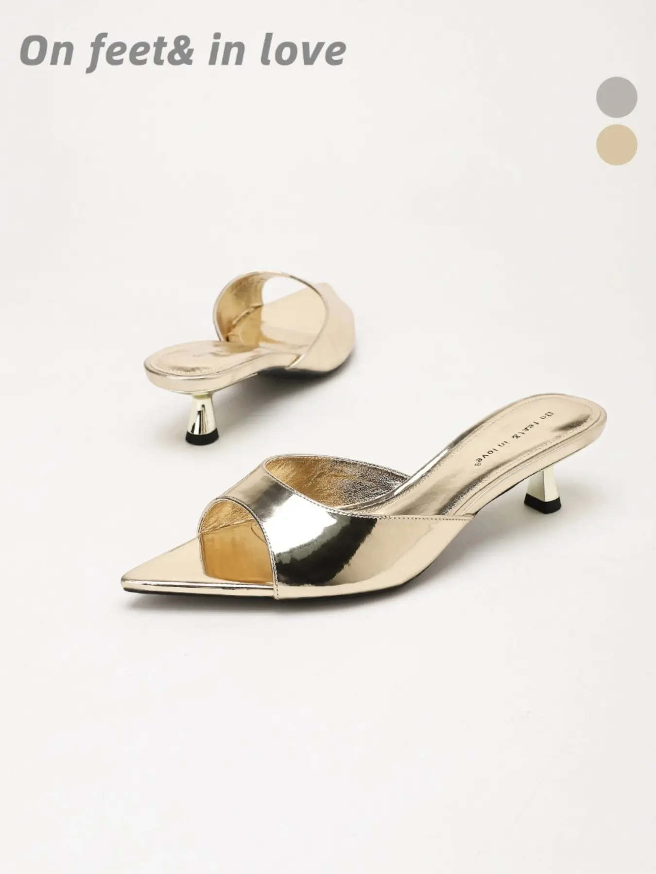 Women's All Sizes Glossy Metallic Mirror Pointed Open Toe Flared Kitten Heel Slide Mules, Slip On Non Slip Cushioned Dress Sandals for Party Night Wedding Guest Date Night Brunch Streetwear Outfits footwear design open toe soft sole high heel