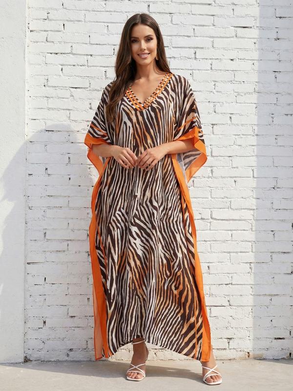 EDOLYNSA Striped kaftan dress cozy house robe muumuu outfits Moo Moo Dress vacation relaxed beach wear leisure wear versatile cover up daily wear Homewear Boho Casual Dress Q1615