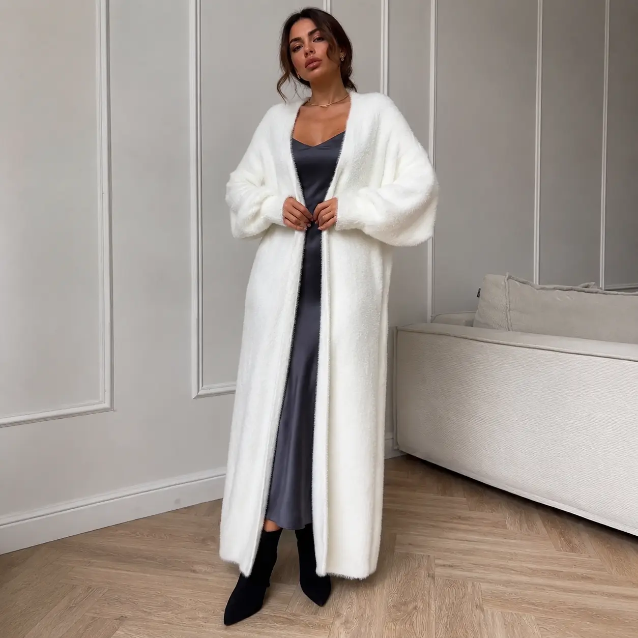 Women's White Fuzzy Long Cardigan, Extra Long Open Front Duster Coat with Balloon Sleeves, Oversized Collarless Maxi Sweater Jacket, Elegant Ivory Layering Outerwear for Fall Winter, Evening, Wedding Guest, Party, Travel and Daily Wear