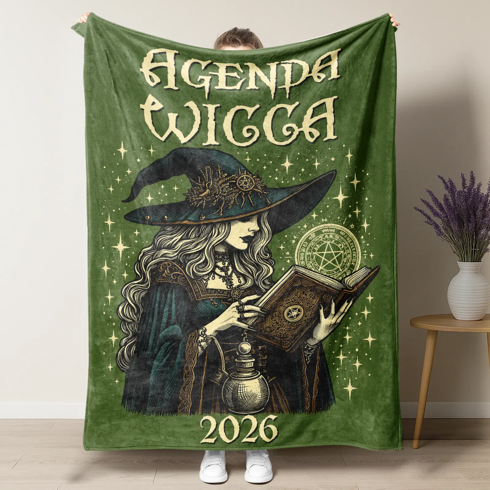 Agenda Wicca 2026 Witch Flannel Throw Blanket, Vintage Green Pentagram Spell Book Potion Star Mystical Wiccan Cozy Plush Blanket, Witchy Occult Gothic Home Decor Blanket Gift for Wicca Lovers