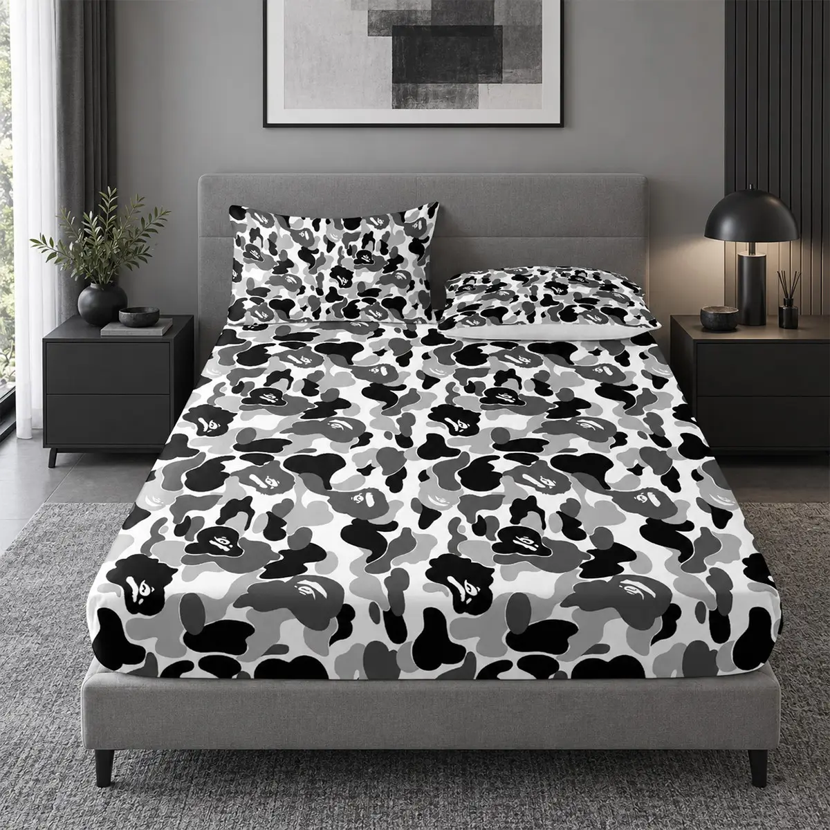 3-Piece Hip-Hop Style Black & White Camouflage Ape Head Print Bedding Set (includes 1 fitted sheet and 2 pillowcases; comforter and pillow inserts not included). Perfect for home or dorm decor and makes an excellent holiday gift.