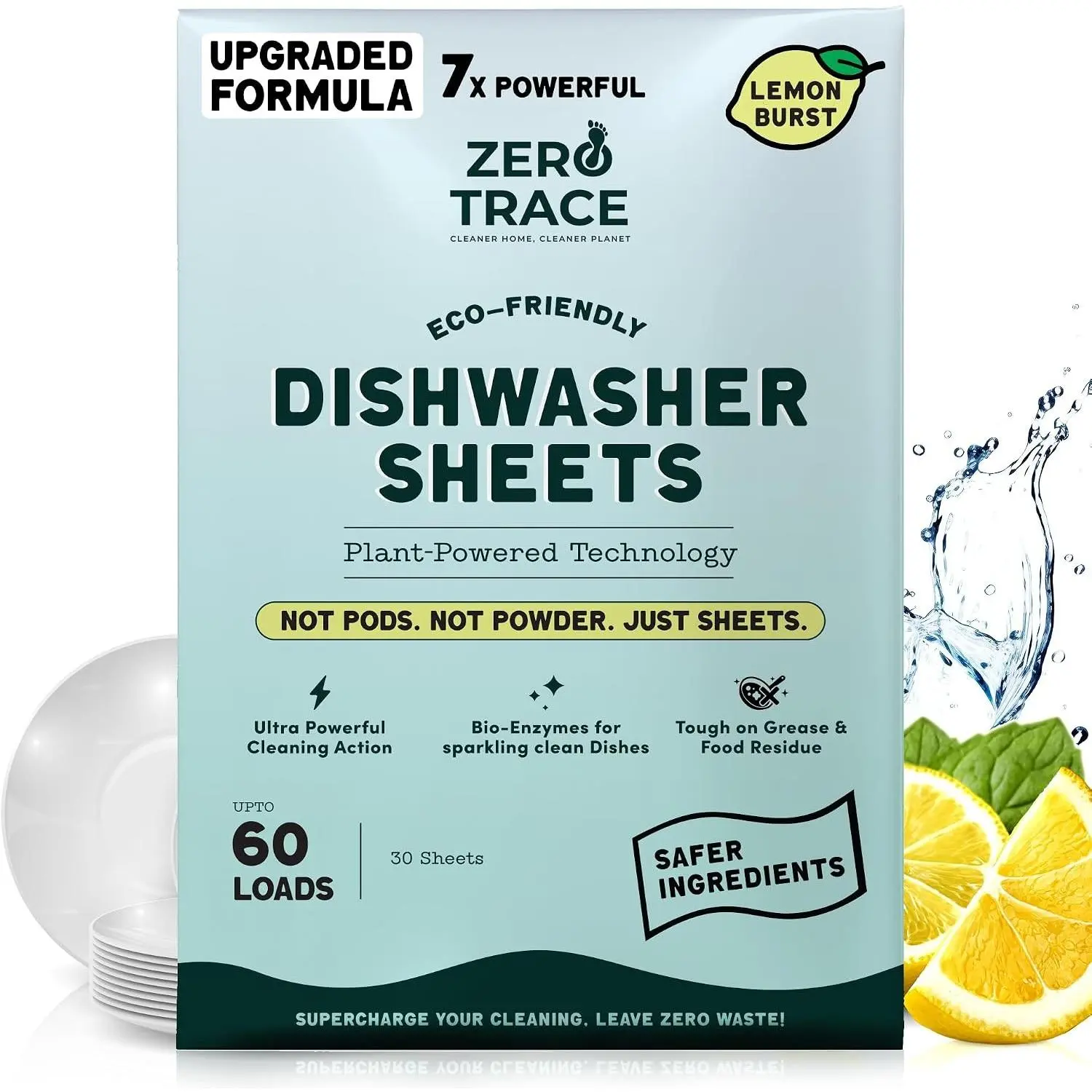 Eco-Friendly Dishwasher Detergent Sheets - Plant Powered Technology - Lemon Scent - 60 Loads