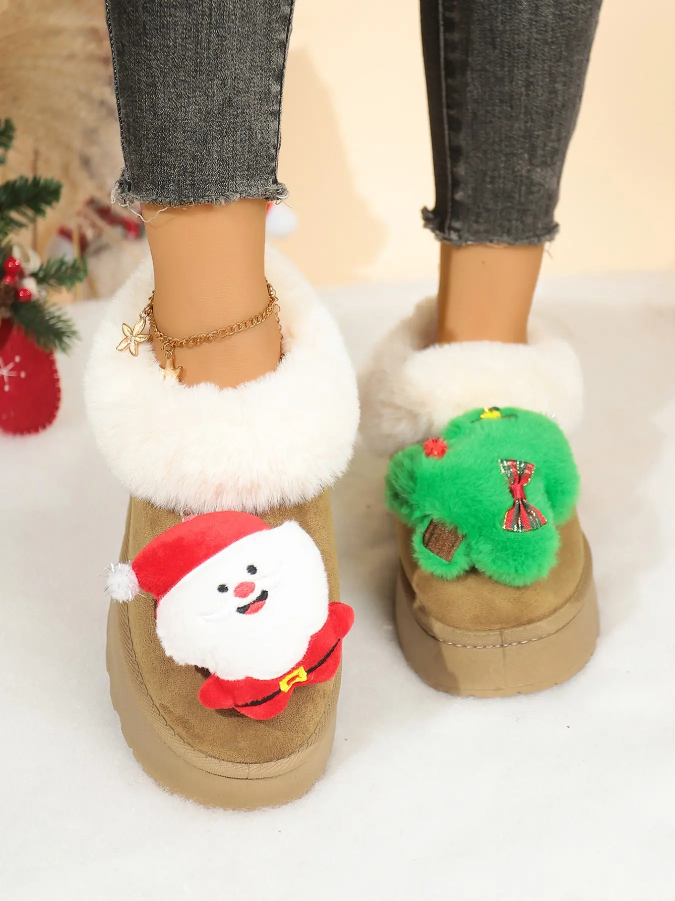Mismatched Xmas Ornament Winter Boots For Ladies Thick Non-Slip Sole Full Furry Lined Cute Holiday Warm Snow Shoes