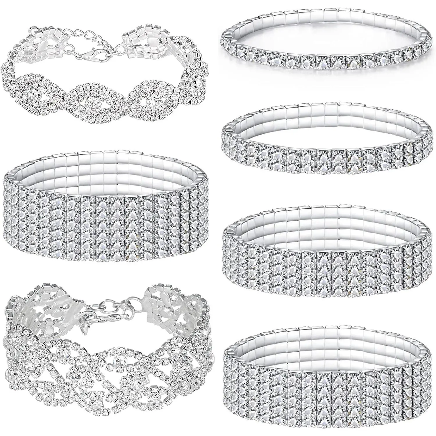 7Pcs Silver Cubic Zirconia Tennis Bracelet Set for Women, featuring Sparkly Rhinestone Stretch Crystal Bangles, perfect for bridal, wedding, or bikini jewelry occasions.