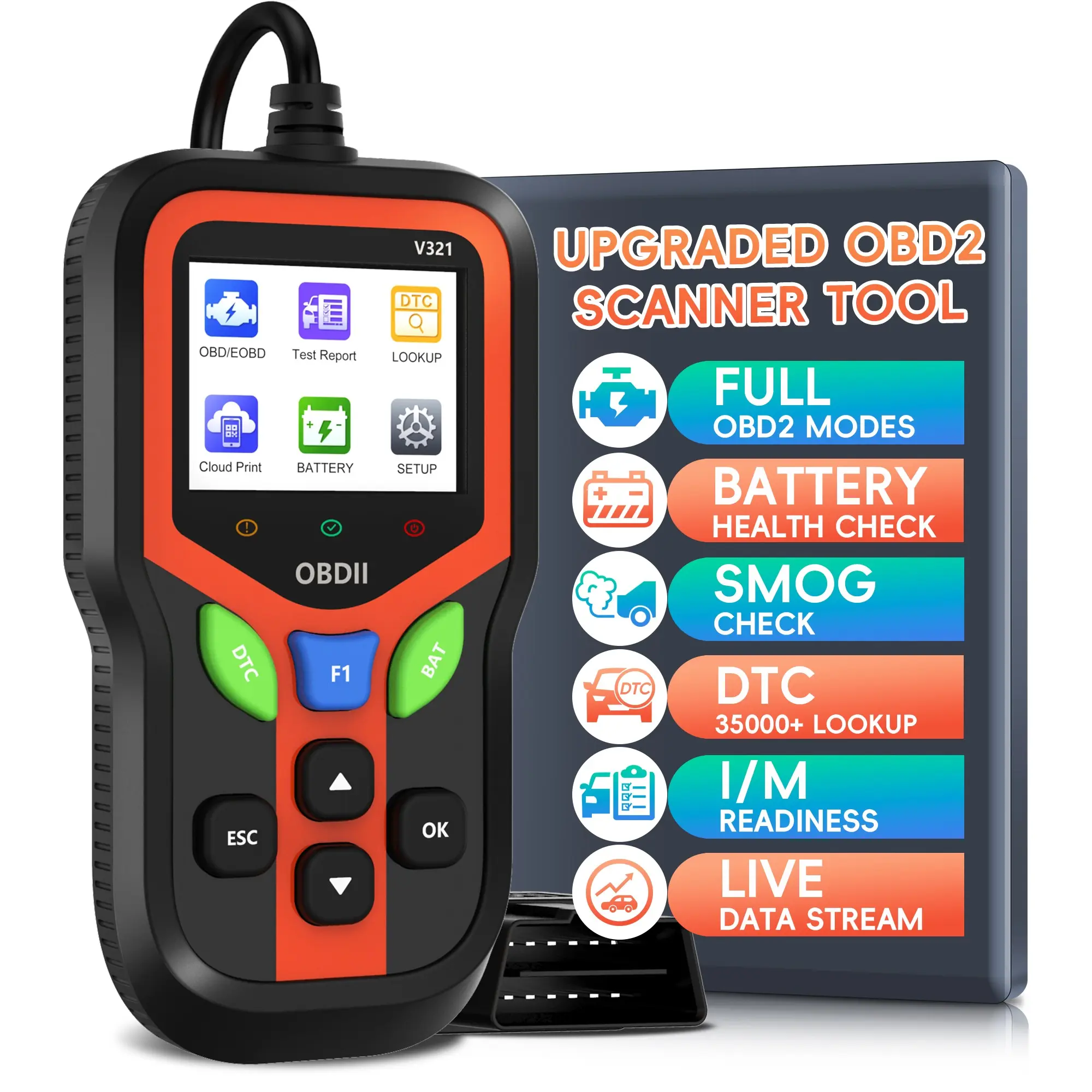 OBD2 Scanner Diagnostic Tool, Car Code Reader with Built in DTC Lookup, Check Engine Light Reader, Live Data, I/M Readiness, Battery Voltage Test, for 1996+ Vehicles