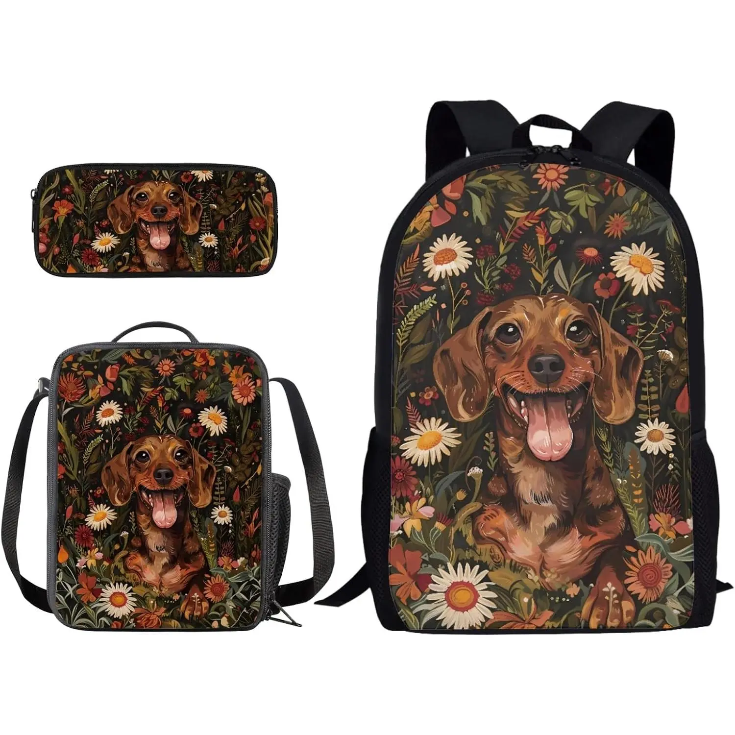 Dachshund and daisy print student backpack, lightweight schoolbag for boys and girls, three-piece set for teenagers including tote bag, shoulder bag and pencil case. bookbag