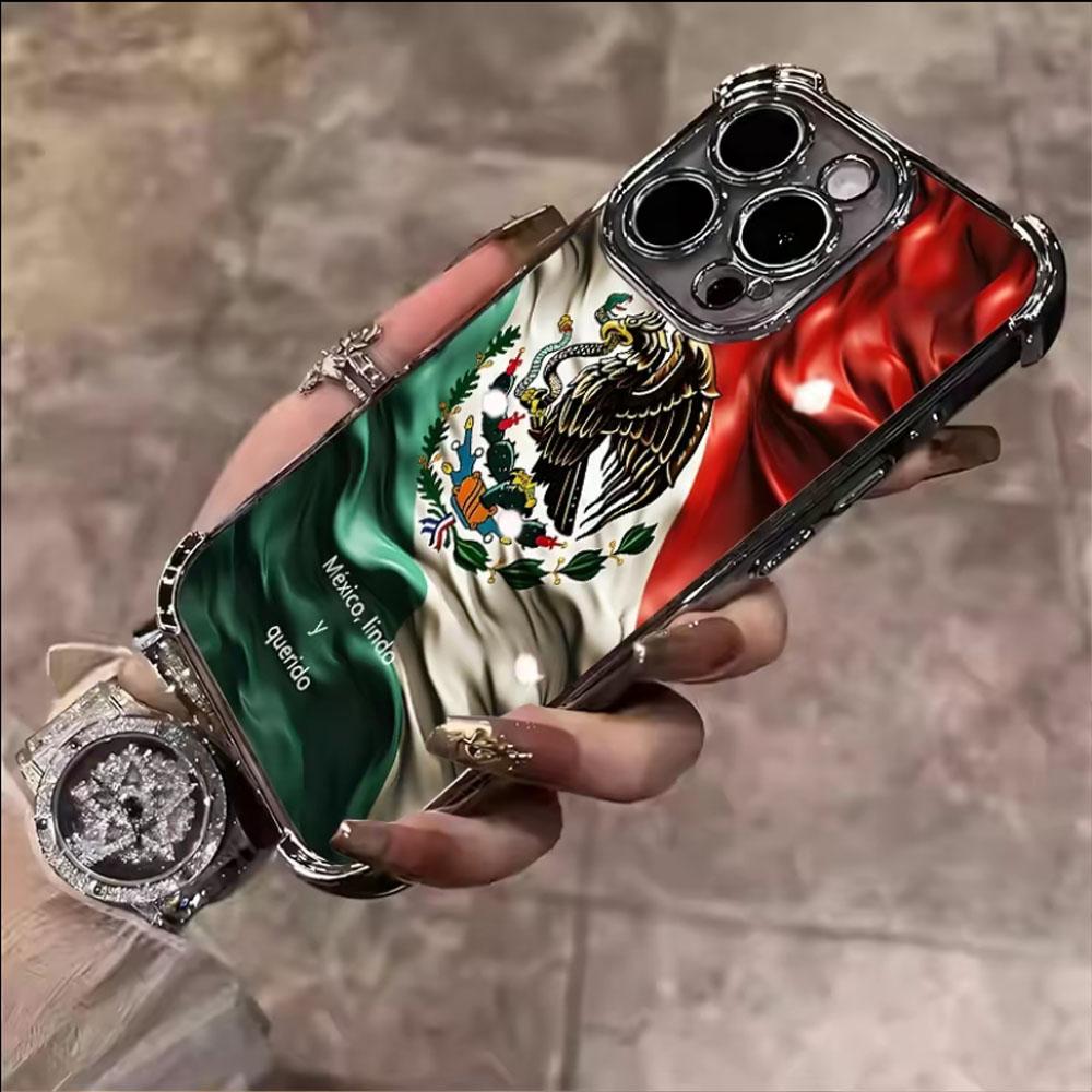 Mexico Heritage Eagle Phone Case for iPhone 17 16 15 14 Plus 13 12 11 Pro Max, Chrome Plated Frame Anti-Drop Shockproof Protective Case