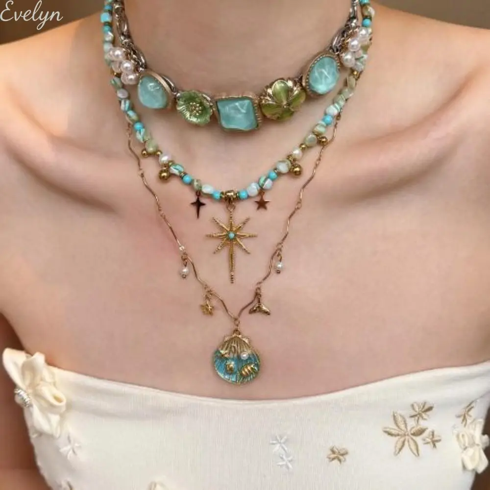 Women's European-American Vintage Beaded Layered Chain Jewelry Necklace Set - Boho Luxury Niche Exaggerated Fashion Clavicle Accessory for Unisex Auspicious Occasions, Chain Jewelry Necklaces