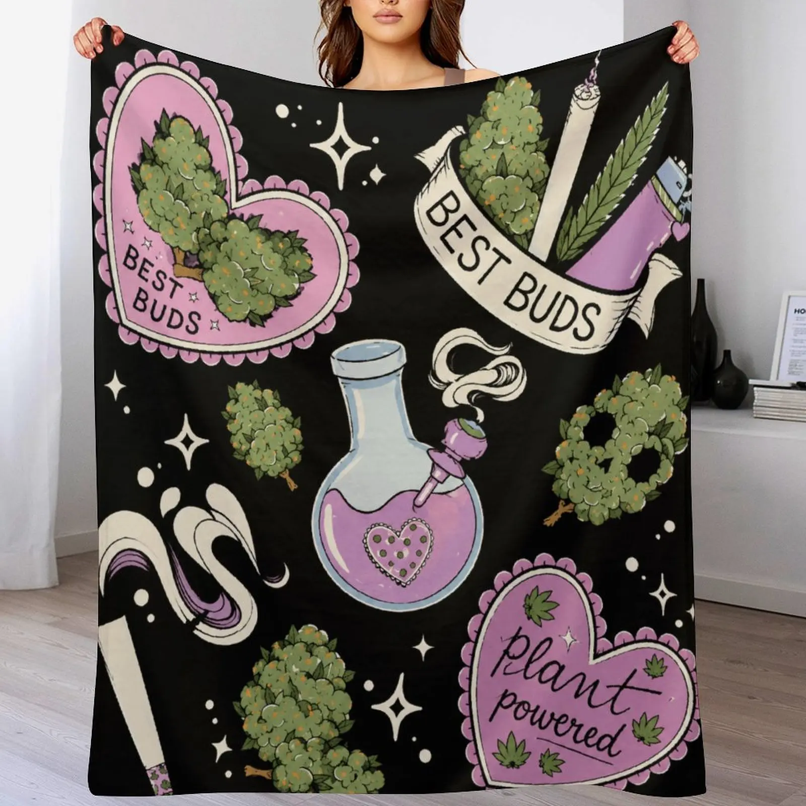 Pink Best Buds Throw Blanket for Women, Cute Girly Stoner Blanket, Plant Powered Aesthetic Blanket, Soft Cozy Cannabis Throw for Couch Bed, Funny Weed Lover Gift for Best Friend Girlfriend