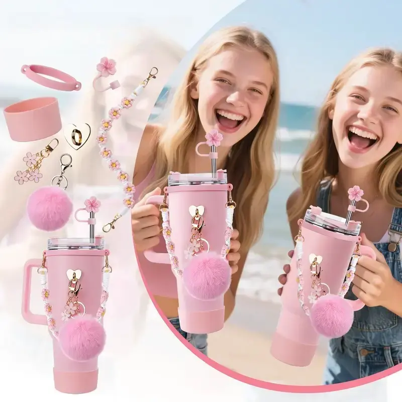7 Pcs Stylish Protective Drinkware Accessory Set for 30oz & 40oz Tumblers/Glasses - Silicone Boot, Daisy Handle Strap, Straw Topper, Flower Charm, Pom Pom Decor, Cup Holder (No Cup Included, Thoughtful Gift Option), Lightweight