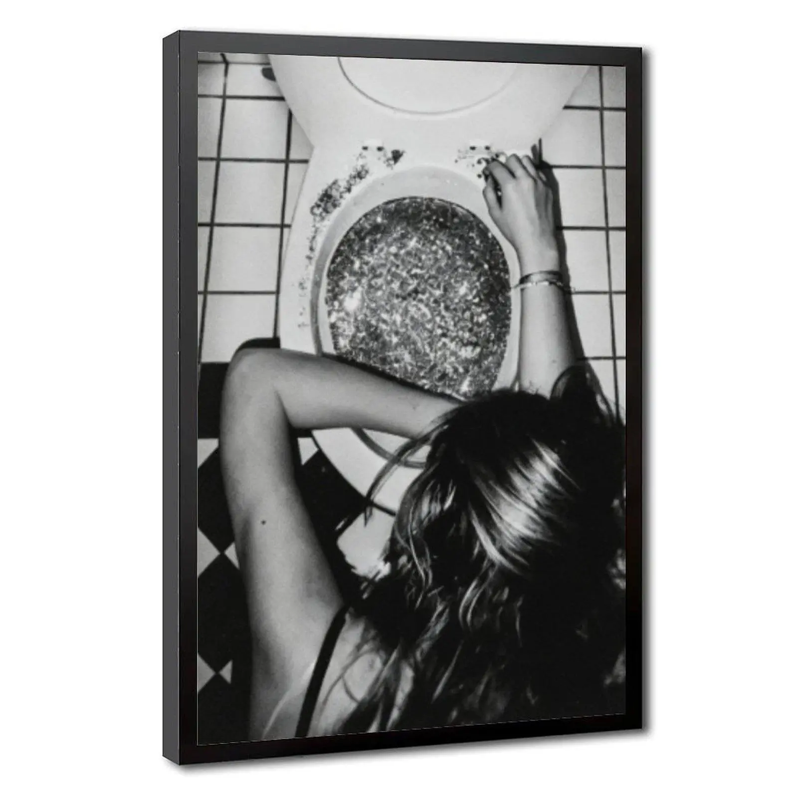 Moody Dark Vintage Photography Canvas Poster Black White Grunge Female Bathroom Scene Glitter Toilet Art Trendy Alternative Room Decor Indie Goth Style Wall Art For Teenagers Bathroom Decoration