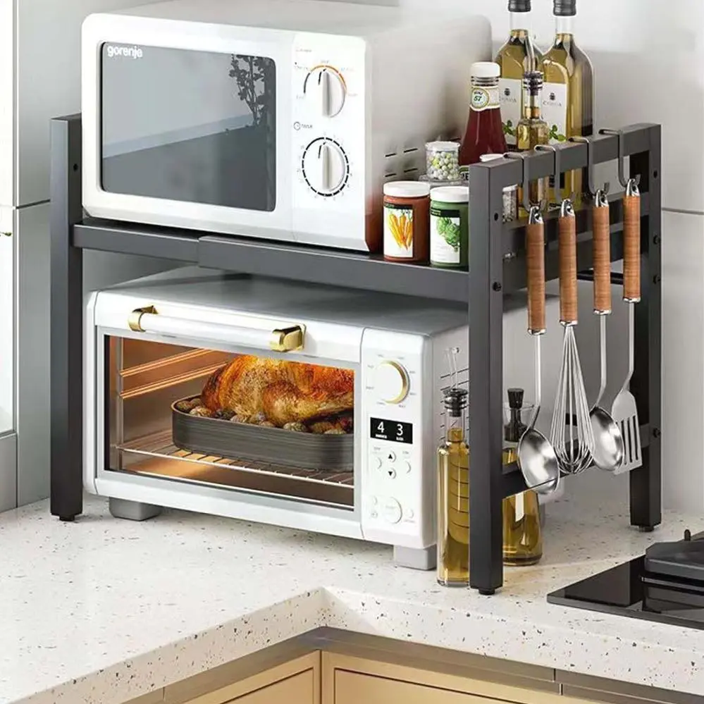 Adjustable and Extendable Microwave Stand with Storage Shelf, Kitchen Countertop Organizer Rack