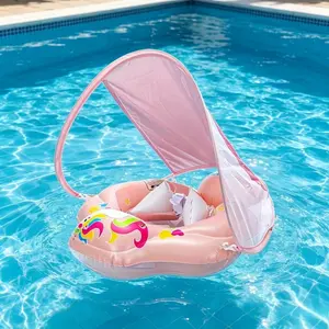 New Upgraded Baby Inflatable Swim Ring equipped with detachable sunshade canopy, featuring elevated airbag anti-roll stable structure. Safe inflatable seat swim float specially designed for infants and young kids for pool & beach swimming.