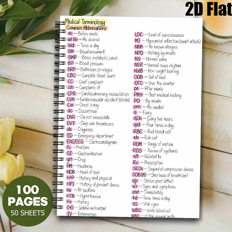 1pc Spiral Bound [2D]Flat Medical Terminology Common Abbreviations Notebook, Lined 100 Pages Journal, Essential Reference for Nursing Students, Medical Professionals, Perfect Study Tool for Exams, Clinical Rotations, Great Gift for Healthcare Graduates