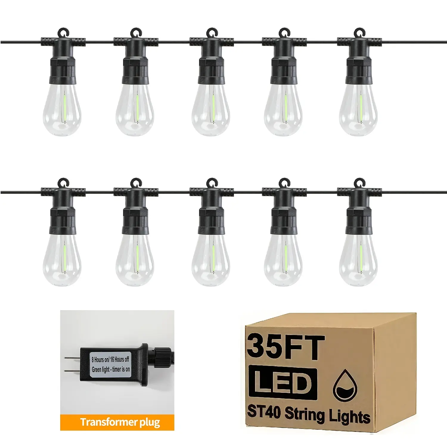 35ft Outdoor S14 String Lights with 10 Bulbs, Auto Timer, IP44 Weatherproof Low-Voltage Light Strip - Durable for Gardens, Patios, Weddings - Safe Year-Round Ambiance Enhancement for Home Improvement Outdoor Lighting