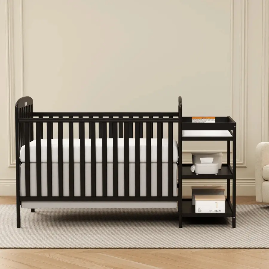 4-in-1 Convertible Baby Crib - Solid Pine Wood Toddler Bed with Changing Table - 3 Adjustable Mattress Heights Daybed for Newborn to Toddler