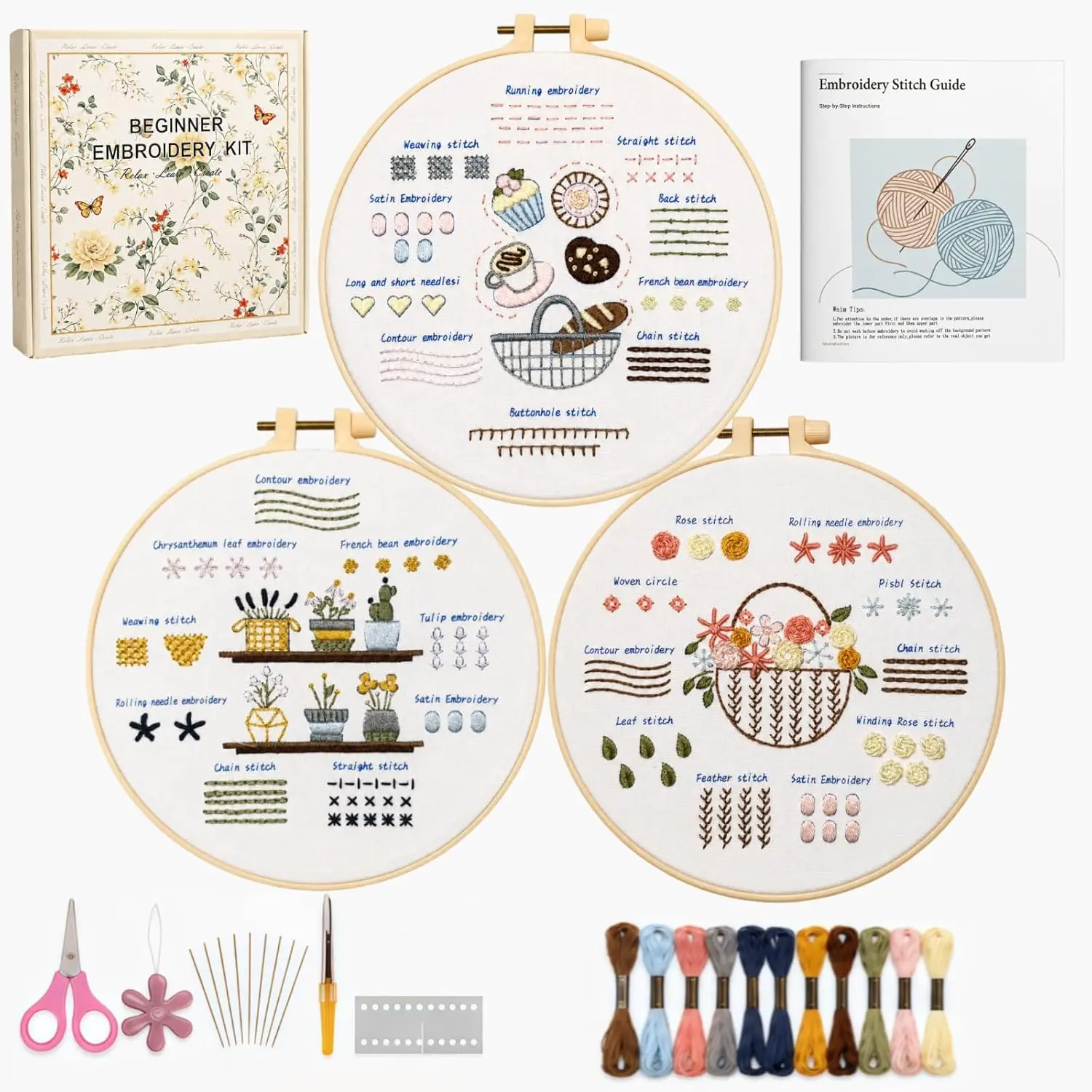 Hand Embroidery Starter Kit for Beginners - Synthetic Threads, 21 Stitches, Video Guides, Patterns, Hoop & Tools for Handcrafting Adults