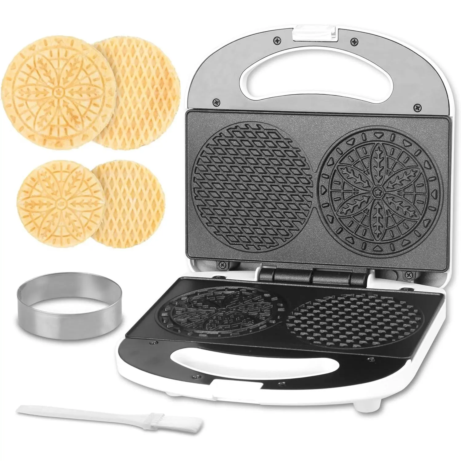 Mini Pizzelle Maker Machine with a 3'' Cutter, Mini Stroopwafel Iron, Bake 2 x 4'' Pizzelles or 3'' Stroopwafels, Excellent for Holiday, Party, Dessert Treat Making & More