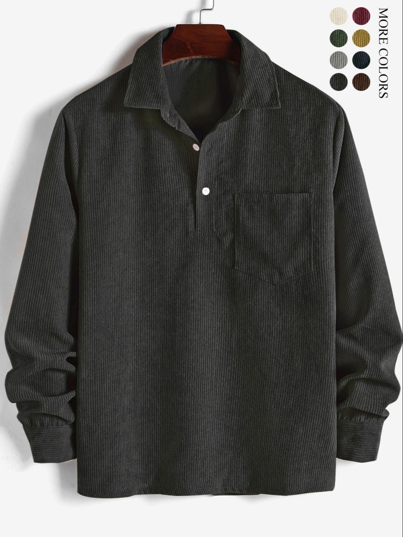 ZAFUL Men's Corduroy Shirts Solid Color Fall Half Button Long Sleeves Polo Shirt Casual Work Collared Shirt with Casual Outdoor Shirt