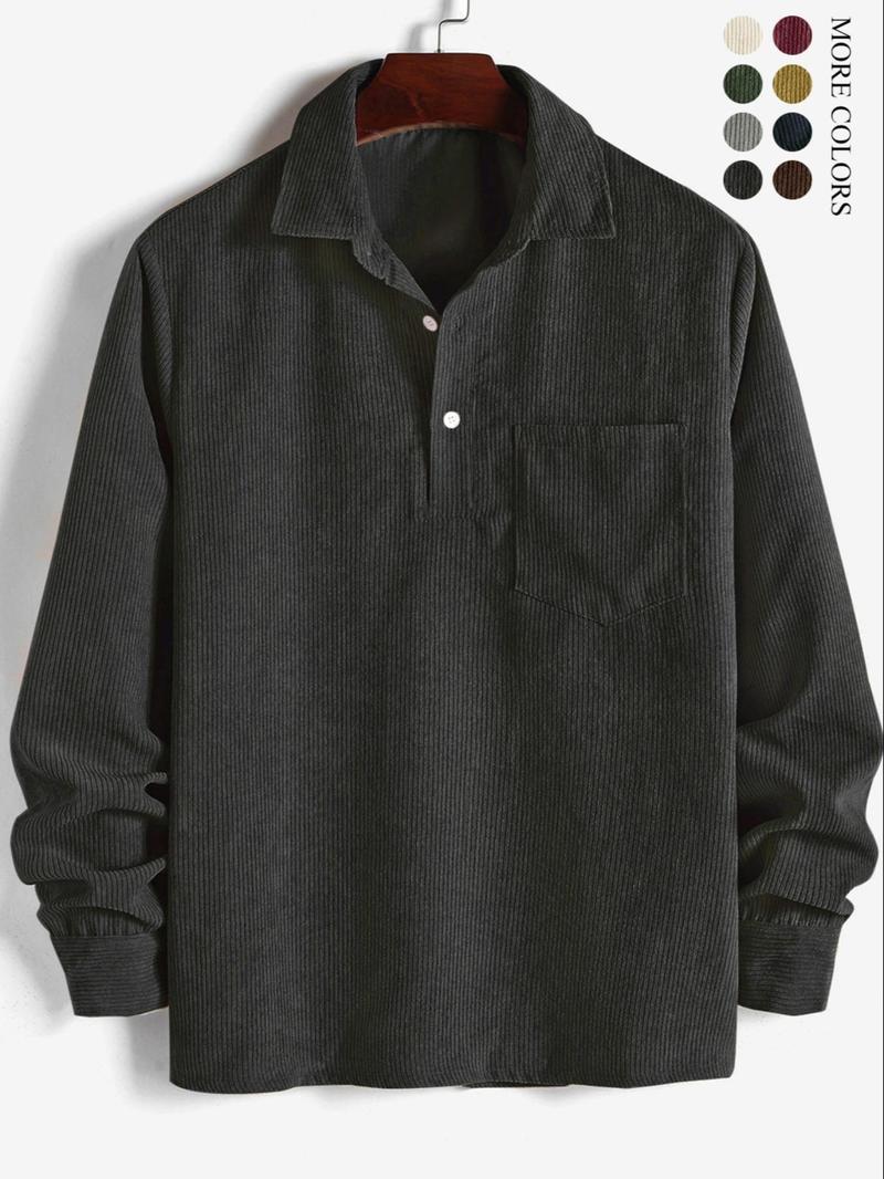 ZAFUL Men's Corduroy Shirts Solid Color Fall Half Button Long Sleeves Polo Shirt Casual Work Collared Shirt with Casual Outdoor Shirt