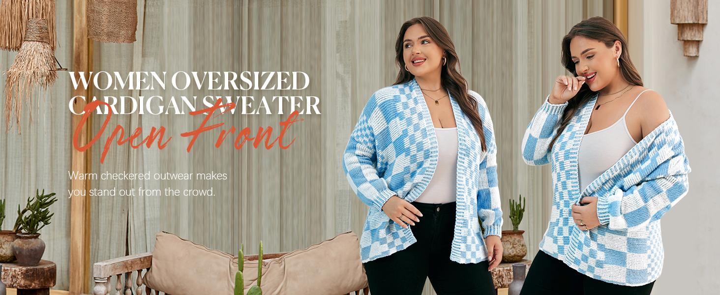 Saodimallsu Womens Checkered Sweater Color Block Plaid Cardigans Oversized Long Sleeve Knit Open Front Coats